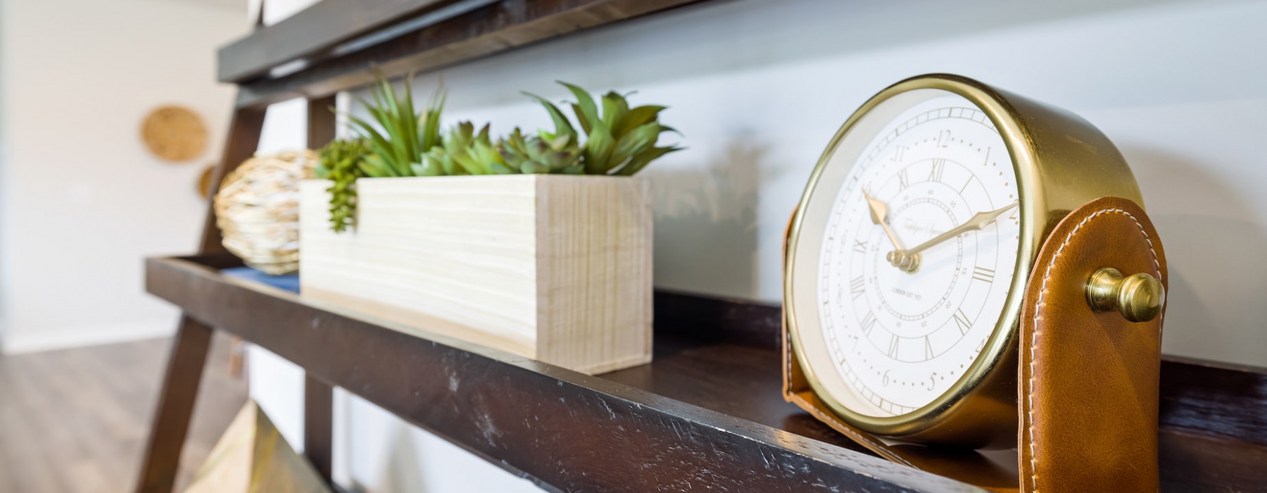 Decorative shelf with a clock and potted succulents at Abode at Geneva, Fuquay, NC homes for rent.