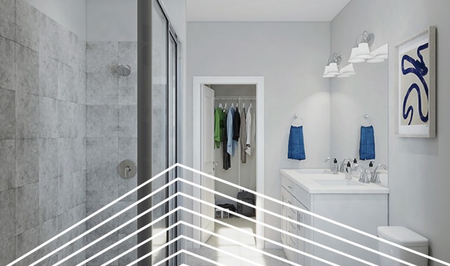 rendering of large bathroom with walk-in closet